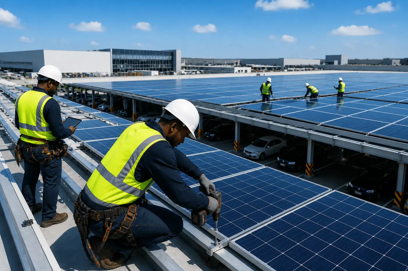 Installation de panneaux solaires par des jeunes techniciens